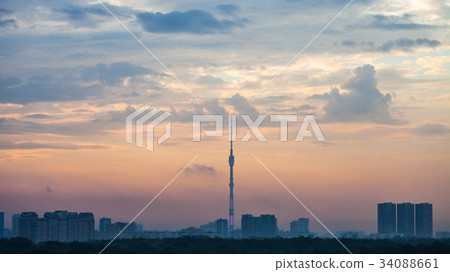 blue and pink dawning over Moscow city 34088661