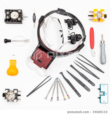 top view of various items for repairing watch top view of various items for repairing watch 34089119