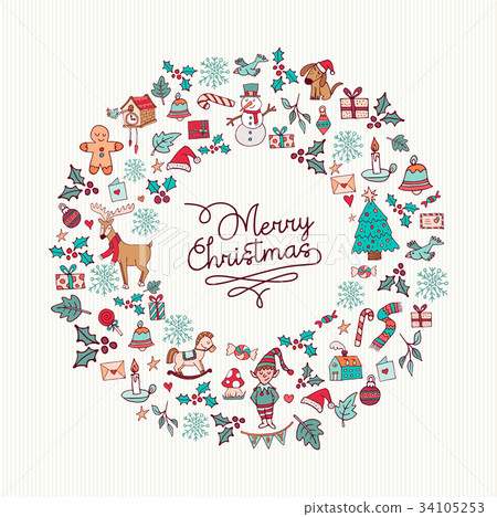 Christmas hand drawn cute holiday wreath card art Christmas hand drawn cute holiday wreath card art 34105253