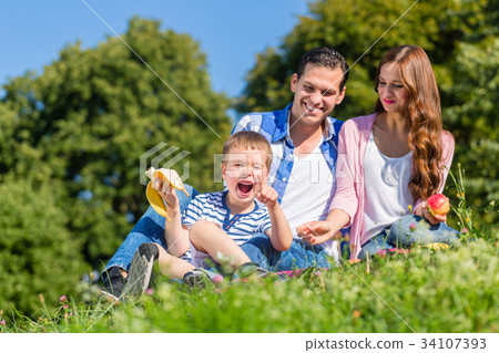 Family having picnic sitting in grass on meadow Family having picnic sitting in grass on meadow 34107393