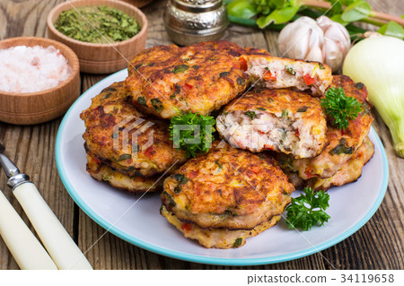 Vegetable pancakes with chicken meat Vegetable pancakes with chicken meat 34119658