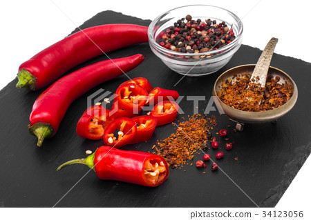 Spice in cooking red chili pepper on black stone 34123056