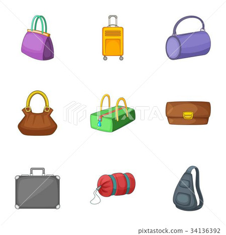 Bags and suitcases icons set, cartoon style Bags and suitcases icons set, cartoon style 34136392