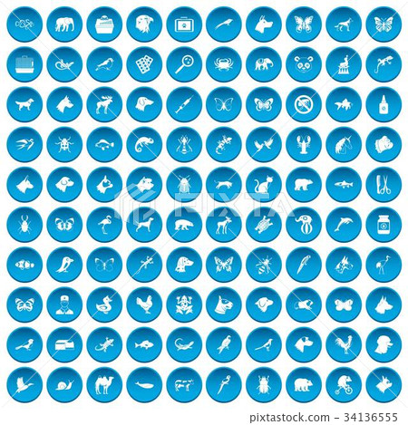 100 animals icons set blue 100 animals icons set blue 34136555