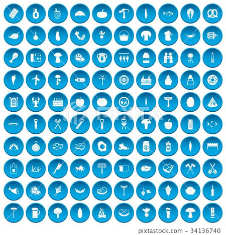 100 barbecue icons set blue 34136740