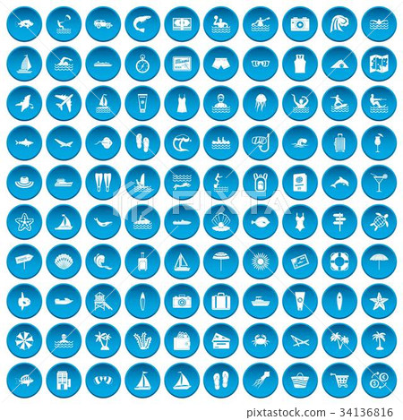 100 beach icons set blue 34136816