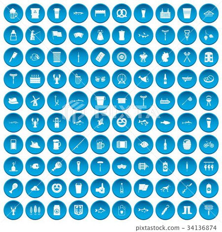 100 beer icons set blue 34136874