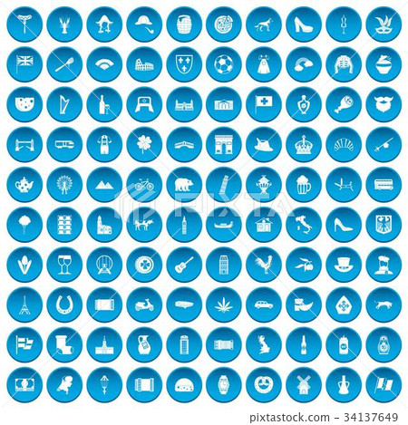 100 Europe icons set blue 34137649