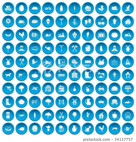 100 farm icons set blue 34137757