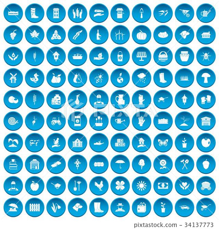 100 farm icons set blue 34137773