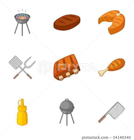 Grilling icons set, cartoon style Grilling icons set, cartoon style 34140340