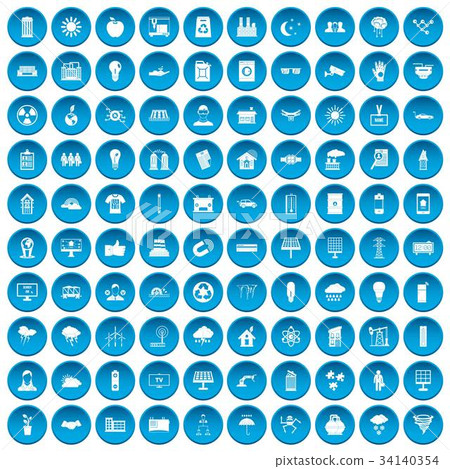 100 solar energy icons set blue 34140354