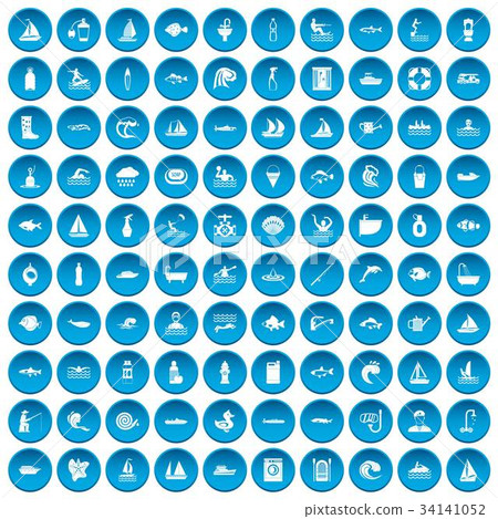 100 water icons set blue 34141052