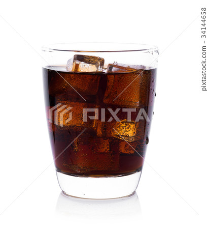 Cola in glass with ice cubes on white background Cola in glass with ice cubes on white background 34144658