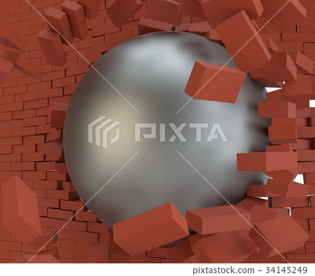 A metal ball broke the brick wall. Close-up A metal ball broke the brick wall. Close-up 34145249