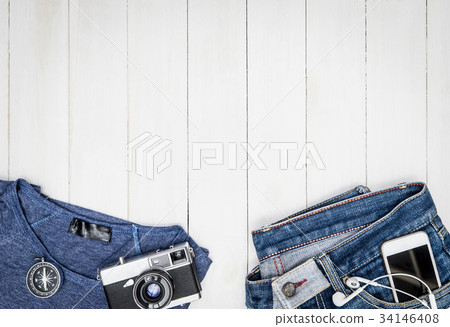 Hispter fashion and accessories on white wooden 34146408