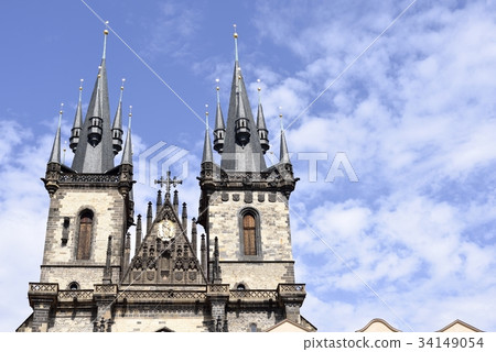 Tyn Church in the Old Town Square (the historical center of Prague, Czech Republic) 34149054
