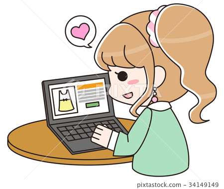 Women shopping and reading on a computer, using an auction site 34149149