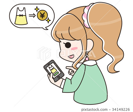 Women selling to flea market or auction site with smartphone 34149226