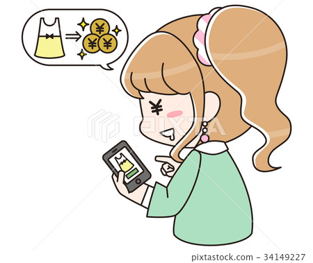Woman bidding on flea market or auction site with smartphone 34149227