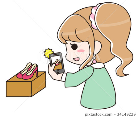 Women's high heels that shoot products for sale on a flea market or auction site with a smartphone 34149229
