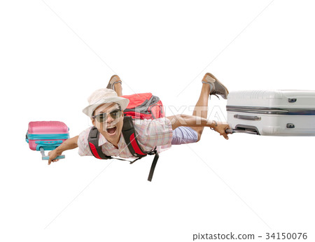asian traveling man flying with luggage bag asian traveling man flying with luggage bag 34150076
