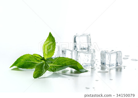 Ice with mint isolated on white. 34150079
