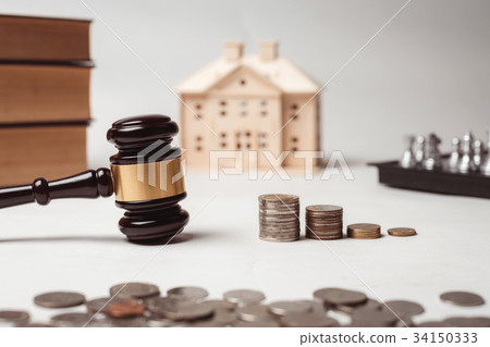 Gavel of lawyer with education book, house model 34150333
