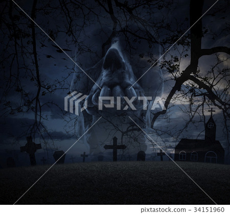 Human skull scream, grass, dead tree and cross Human skull scream, grass, dead tree and cross 34151960