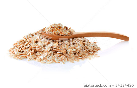 Rolled Oats in spoon wooden on white background 34154450