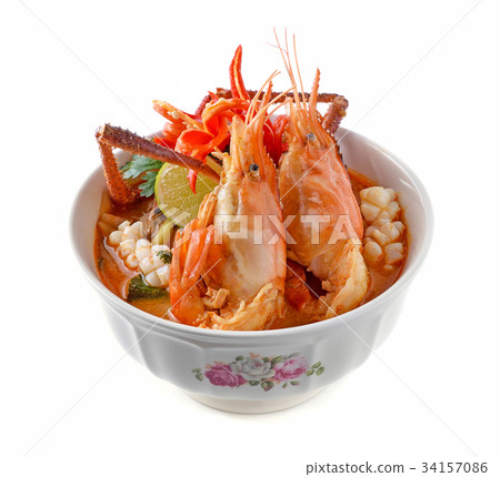 Tom Yam Kung (Thai cuisine) isolated on white 34157086