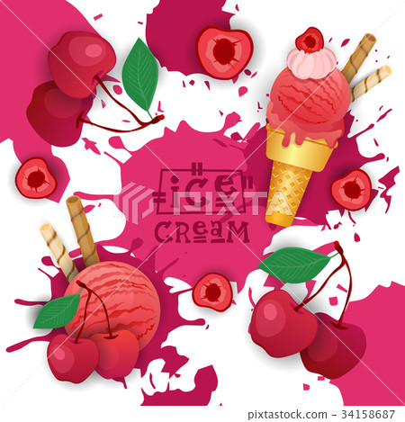 Ice Cream With Cherry Taste Dessert Colorful 34158687