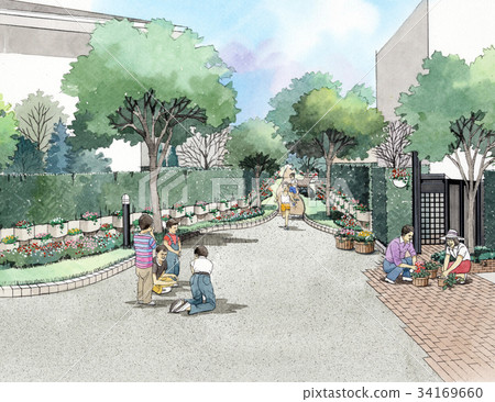Children playing outside Machi-san sketch cityscape cityscape image family female 34169660