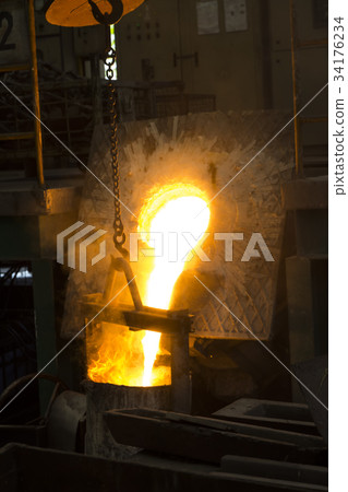 Molten iron molten metal poured in to ladle 34176234