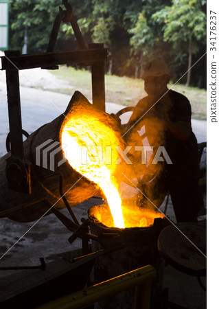 Molten iron molten metal poured in to ladle 34176237