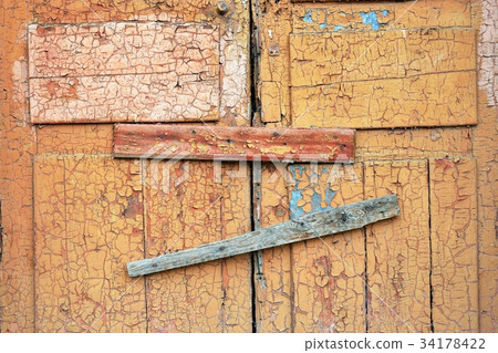 Abandoned broken wooden door lock. scored window Abandoned broken wooden door lock. scored window 34178422