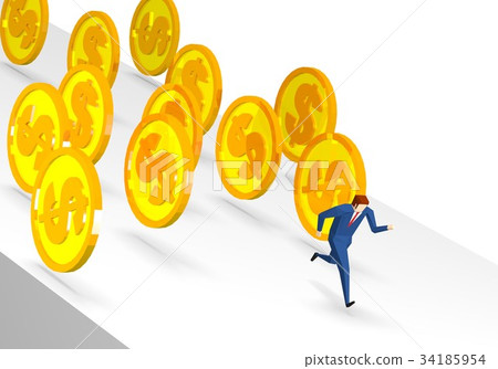 Businessman and coins falling down a slope Businessman and coins falling down a slope 34185954