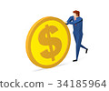 Businessman rolling a huge dollar coin 34185964