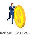 Businessman rolling a huge dollar coin 34185965