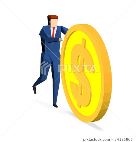 Businessman rolling a huge dollar coin Stock Illustration