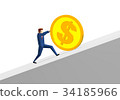 Businessman pushing up a huge coin 34185966