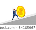 Businessman pushing up a huge coin 34185967
