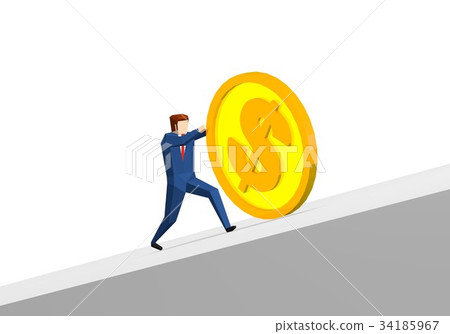 Businessman pushing up a huge coin Businessman pushing up a huge coin 34185967