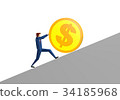 Businessman pushing up a huge coin 34185968