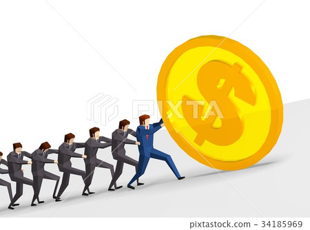 Business team pushing up huge coins 34185969