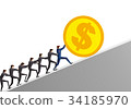 Business team pushing up huge coins 34185970