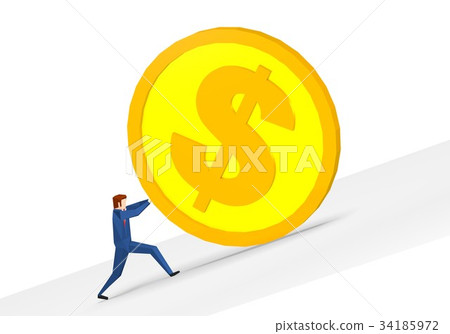Businessman pushing up a huge coin Businessman pushing up a huge coin 34185972