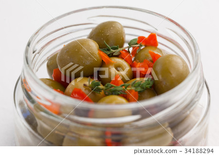 Olives with vegetable and french fries in plate 34188294