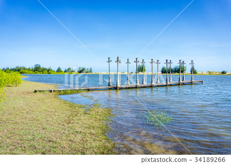 The light and wood pier posts in pond The light and wood pier posts in pond 34189266