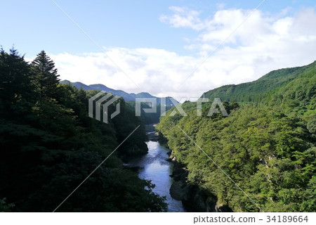 Nikko city, Kinu river from Kinu iwa rock large suspension bridge Nikko city, Kinu river from Kinu iwa rock large suspension bridge 34189664